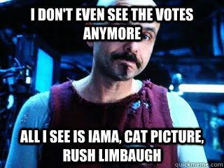 i don't even see the votes anymore All I see is IAMA, Cat picture, Rush Limbaugh - i don't even see the votes anymore All I see is IAMA, Cat picture, Rush Limbaugh  Cypher