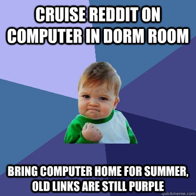 cruise reddit on computer in dorm room bring computer home for summer, old links are still purple   Success Kid