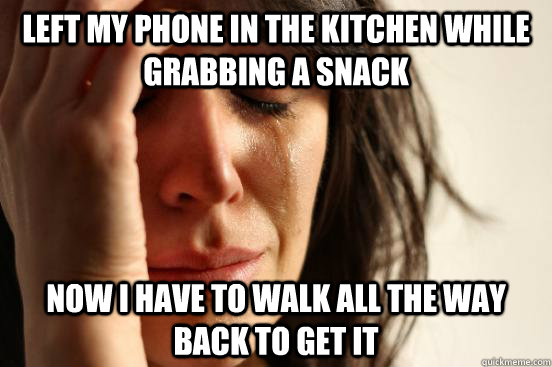 Left my phone in the kitchen while grabbing a snack now i have to walk all the way back to get it  First World Problems
