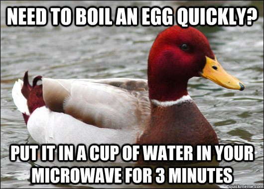 Need to boil an egg quickly? Put it in a cup of water in your microwave for 3 minutes  Malicious Advice Mallard