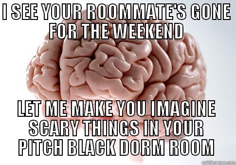 I SEE YOUR ROOMMATE'S GONE FOR THE WEEKEND LET ME MAKE YOU IMAGINE SCARY THINGS IN YOUR PITCH BLACK DORM ROOM Scumbag Brain