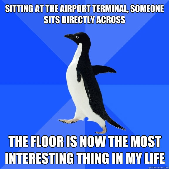 Sitting at the airport terminal, someone sits directly across the floor is now the most interesting thing in my life    Socially Awkward Penguin