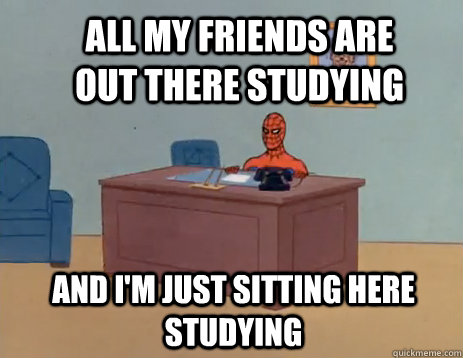 All my friends are out there studying and I'm just sitting here studying  masturbating spiderman