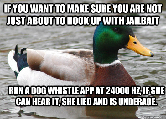 If you want to make sure you are not just about to hook up with jailbait run a dog whistle app at 24000 Hz, if she can hear it, she lied and is underage.  Actual Advice Mallard