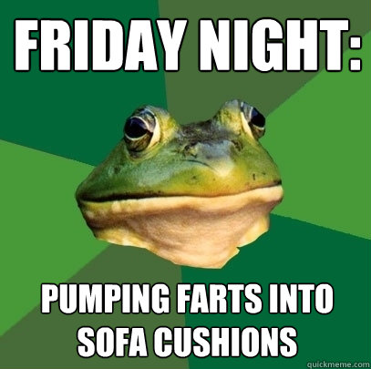 friday night: pumping farts into sofa cushions  Foul Bachelor Frog