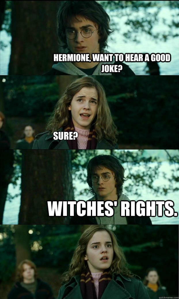 Hermione, want to hear a good joke? Sure? Witches' rights.  Horny Harry