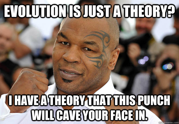 Evolution is just a theory? I have a theory that this punch will cave your face in. - Evolution is just a theory? I have a theory that this punch will cave your face in.  Atheist Mike