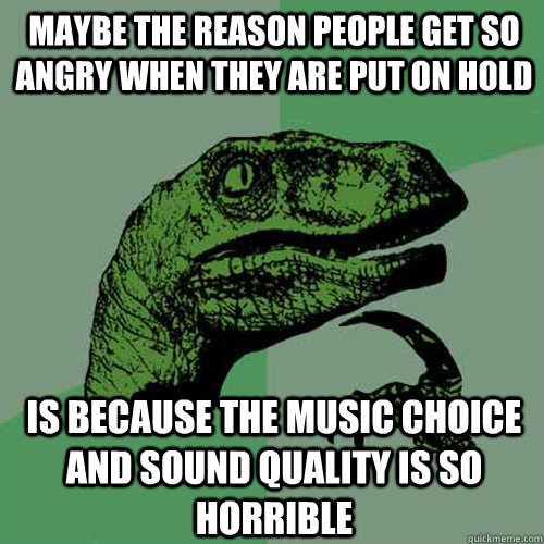 Maybe the reason people get so angry when they are put on hold is because the music choice and sound quality is so horrible  Philosoraptor