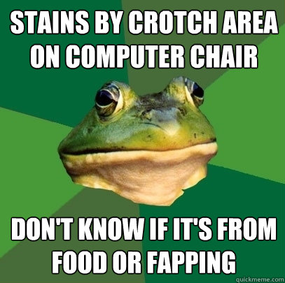 stains by crotch area on computer chair don't know if it's from food or fapping - stains by crotch area on computer chair don't know if it's from food or fapping  Foul Bachelor Frog