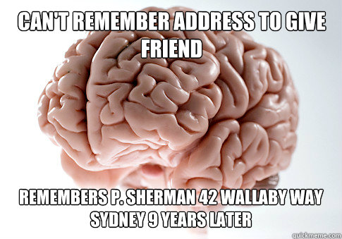 Can't remember address to give friend Remembers P. Sherman 42 wallaby way Sydney 9 years later  Get the [AdviceAnimals Chrome extension!](http://www.livememe.com/extension)  Scumbag Brain