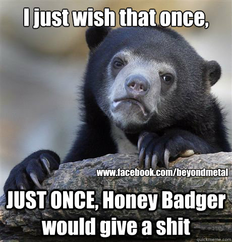 I just wish that once, JUST ONCE, Honey Badger would give a shit www.facebook.com/beyondmetal  Confession Bear