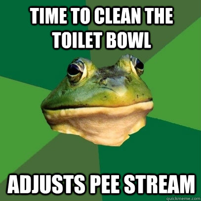 time to clean the toilet bowl adjusts pee stream  Foul Bachelor Frog