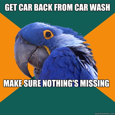 Get car back from car wash make sure nothing's missing  Paranoid Parrot