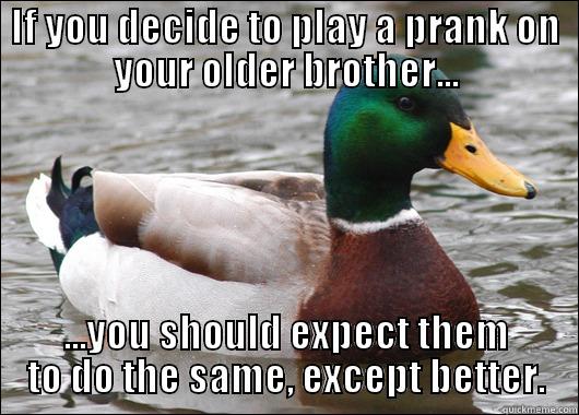 IF YOU DECIDE TO PLAY A PRANK ON YOUR OLDER BROTHER... ...YOU SHOULD EXPECT THEM TO DO THE SAME, EXCEPT BETTER. Actual Advice Mallard