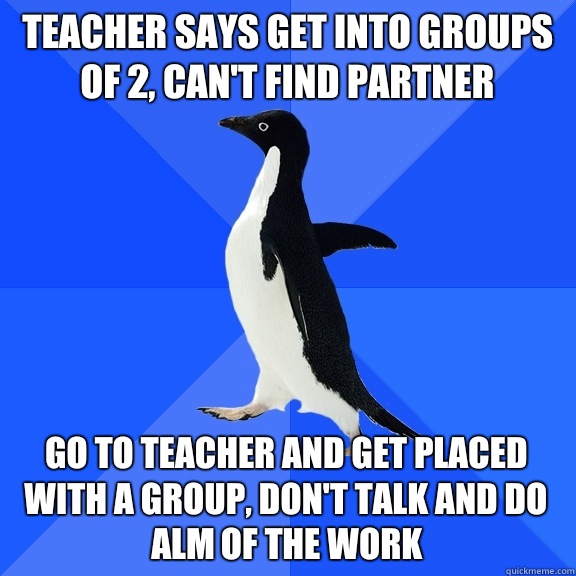 Teacher says get into groups of 2, can't find partner go to teacher and get placed with a group, don't talk and do alm of the work   Socially Awkward Penguin