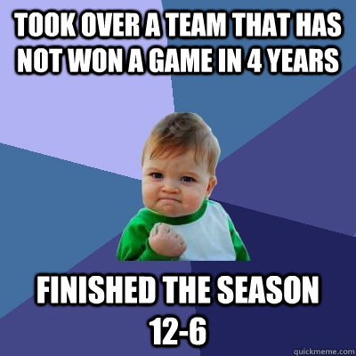 Took over a team that has not won a game in 4 years Finished the season  12-6 - Took over a team that has not won a game in 4 years Finished the season  12-6  Success Kid