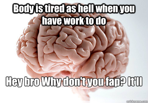 Body is tired as hell when you have work to do Hey bro Why don't you fap? It'll give you lots of energy.   Scumbag Brain