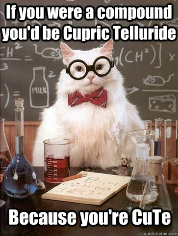 If you were a compound you'd be Cupric Telluride Because you're CuTe  Chemistry Cat