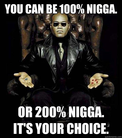 you can be 100% nigga. or 200% nigga.
it's your choice. - you can be 100% nigga. or 200% nigga.
it's your choice.  Morpheus