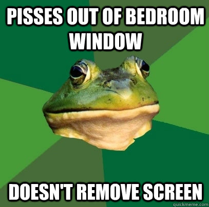 Pisses out of bedroom window doesn't remove screen  Foul Bachelor Frog