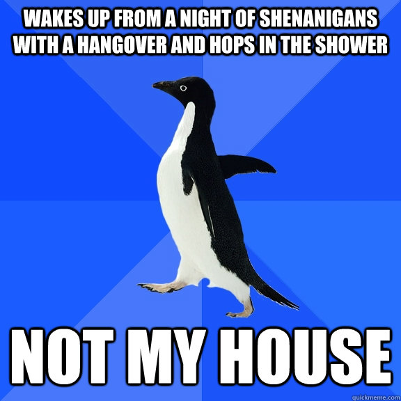 Wakes up from a night of shenanigans with a hangover and hops in the shower Not my house  Socially Awkward Penguin