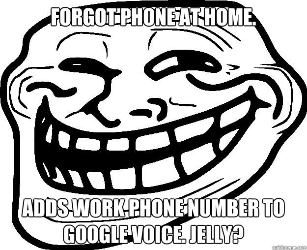 FORGOT PHONE AT HOME. ADDS WORK PHONE NUMBER TO GOOGLE VOICE. JELLY?  Trollface