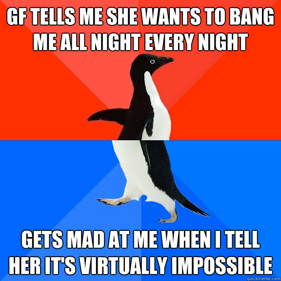 GF tells me she wants to bang me all night every night gets mad at me when I tell her it's virtually impossible   Socially Awesome Awkward Penguin