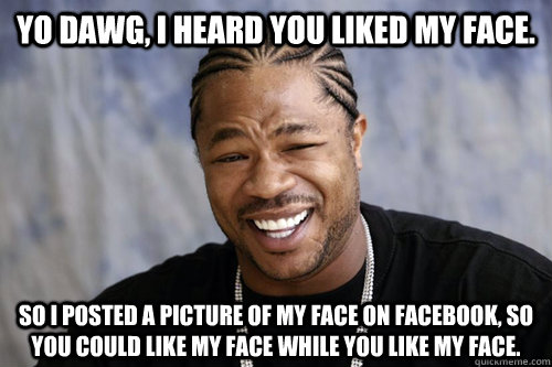 Yo dawg, i heard you liked my face. So I posted a picture of my face on Facebook, so you could like my face while you like my face.  Your Face I l Like That Shit