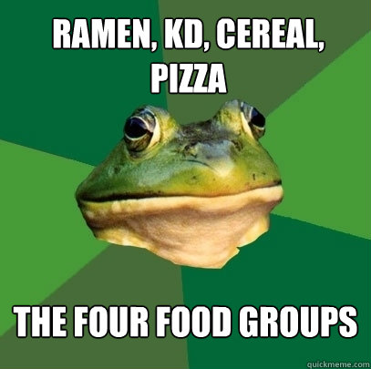 Ramen, KD, Cereal, PIZZA THE FOUR FOOD groups  Foul Bachelor Frog