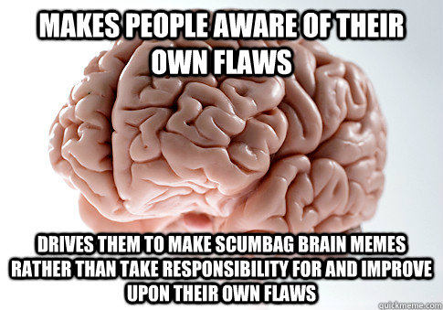 makes people aware of their own flaws drives them to make scumbag brain memes rather than take responsibility for and improve upon their own flaws  Scumbag Brain