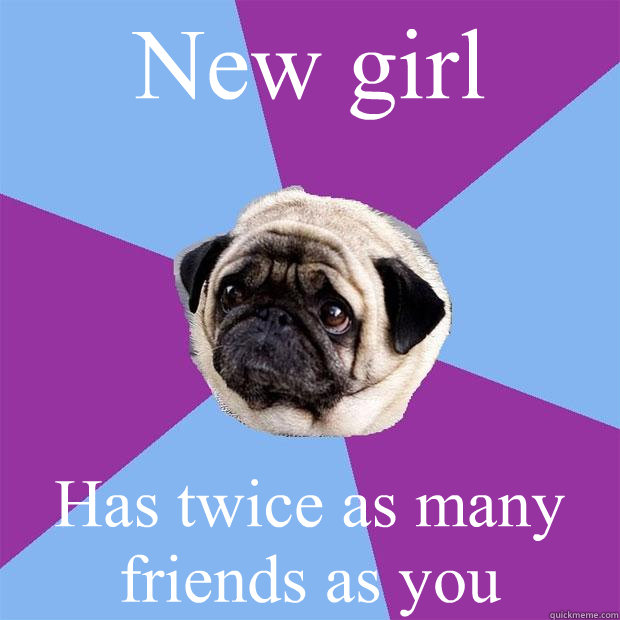 New girl  Has twice as many friends as you  Lonely Pug
