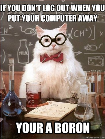 if you don't log out when you put your computer away
 your a boron   Chemistry Cat