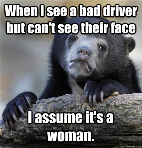 When I see a bad driver but can't see their face I assume it's a woman.  Confession Bear