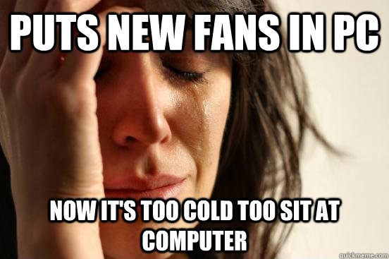 Puts new fans in PC Now it's too cold too sit at computer  First World Problems