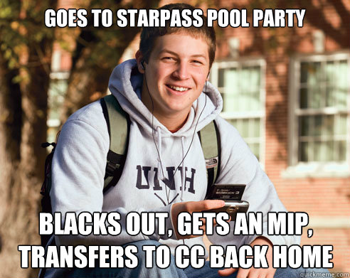 Goes to Starpass pool party Blacks out, gets an MIP, transfers to CC back home  College Freshman