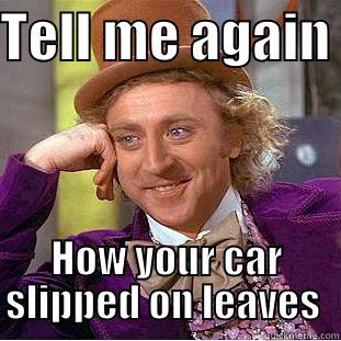 TELL ME AGAIN  HOW YOUR CAR SLIPPED ON LEAVES  Condescending Wonka