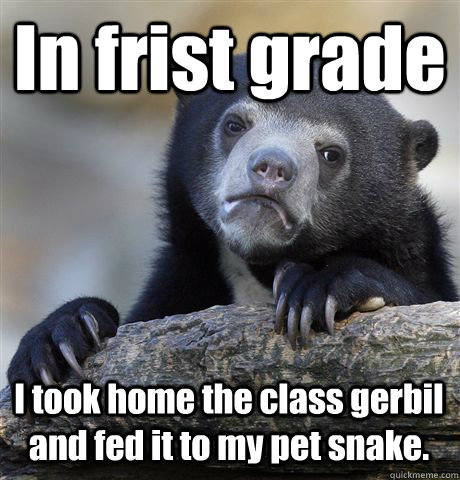 In frist grade I took home the class gerbil and fed it to my pet snake. - In frist grade I took home the class gerbil and fed it to my pet snake.  Confession Bear