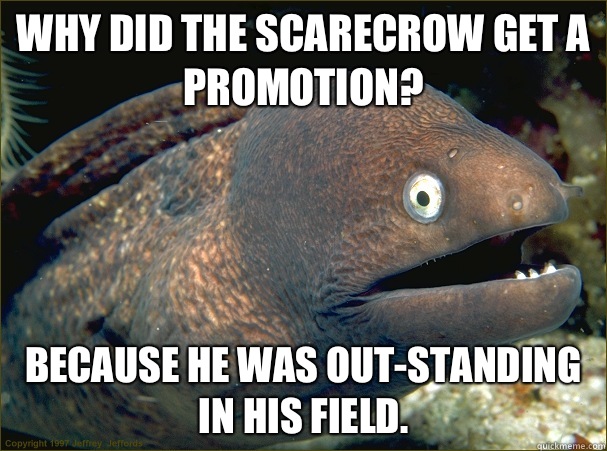 Why did the scarecrow get a promotion? Because he was out-standing in his field.  Bad Joke Eel