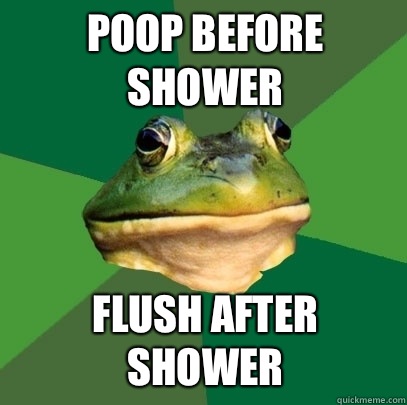 Poop before shower Flush after shower  Foul Bachelor Frog
