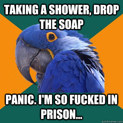 Taking a shower, drop the soap panic. I'm so fucked in prison...  Paranoid Parrot