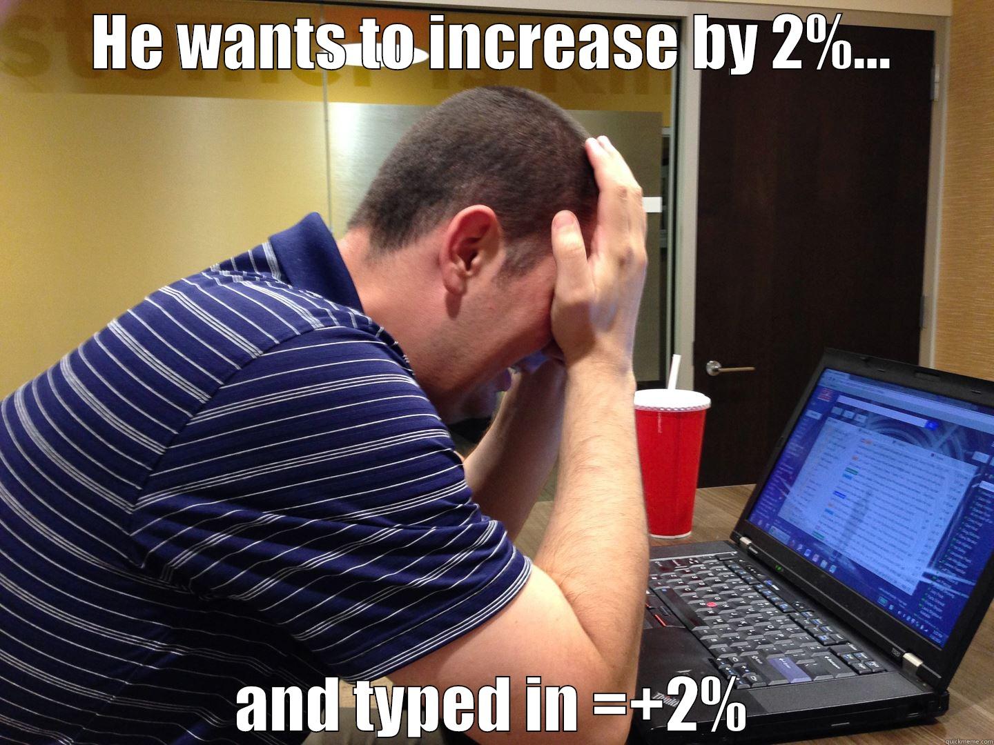 HE WANTS TO INCREASE BY 2%... AND TYPED IN =+2% Misc