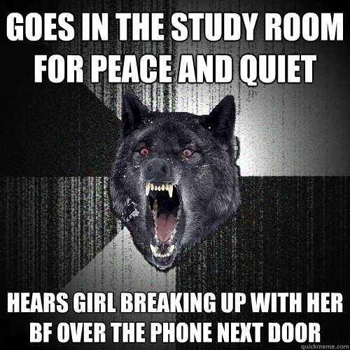 Goes in the study room for peace and quiet Hears girl breaking up with her bf over the phone next door  Insanity Wolf