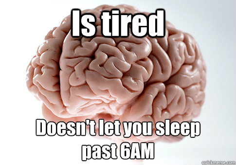 Is tired past 6AM Doesn't let you sleep  Scumbag Brain