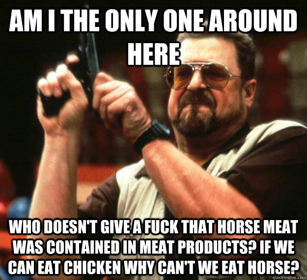 am I the only one around here who doesn't give a fuck that horse meat was contained in meat products? If we can eat chicken why can't we eat horse?  Angry Walter