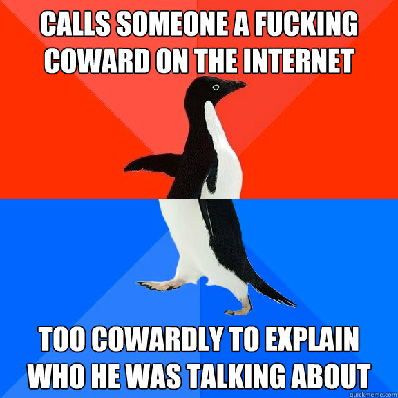 Calls someone a fucking coward on the internet too cowardly to explain who he was talking about  Socially Awesome Awkward Penguin