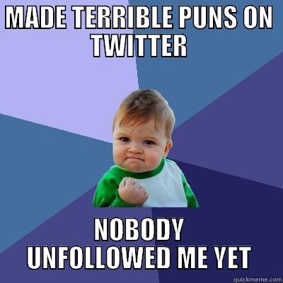 punfollower kid - MADE TERRIBLE PUNS ON TWITTER NOBODY UNFOLLOWED ME YET Success Kid