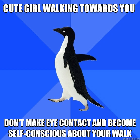Cute girl walking towards you Don't make eye contact and become self-conscious about your walk   Socially Awkward Penguin