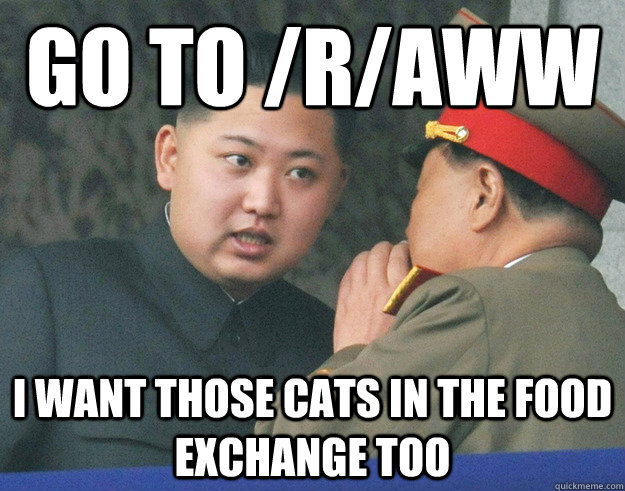 Go to /r/aww I want those cats in the food exchange too  Hungry Kim Jong Un