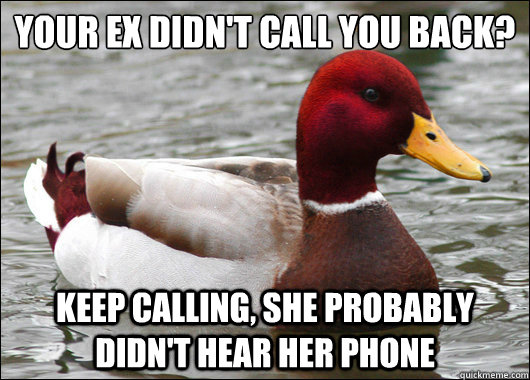 your ex didn't call you back?
 keep calling, she probably didn't hear her phone  Malicious Advice Mallard