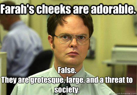 Farah's cheeks are adorable. False.
They are grotesque, large, and a threat to society.  Schrute